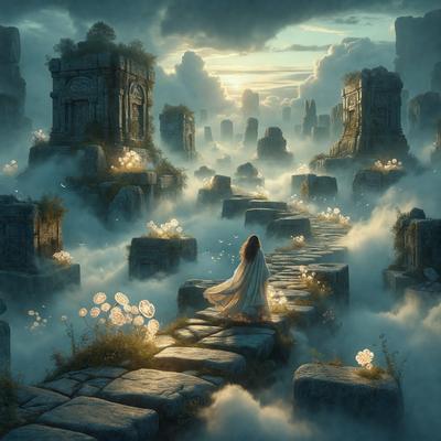 The primary subject of the image is a woman walking on a stone path in a magical, mystical setting. The path is surrounded by a forest of stone pillars, creating a unique and enchanting atmosphere. The visual style of the image is digital art, with the woman and the stone path being the main focus of the scene. The colors and mood of the image are predominantly dark and moody, with the woman's white dress contrasting against the stone pillars and the overall mystical ambiance.
